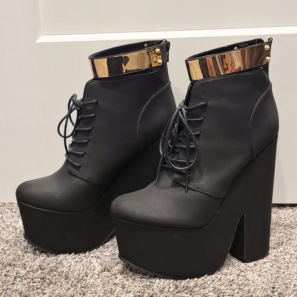 Black Platform Ankle Boots with Gold Accents